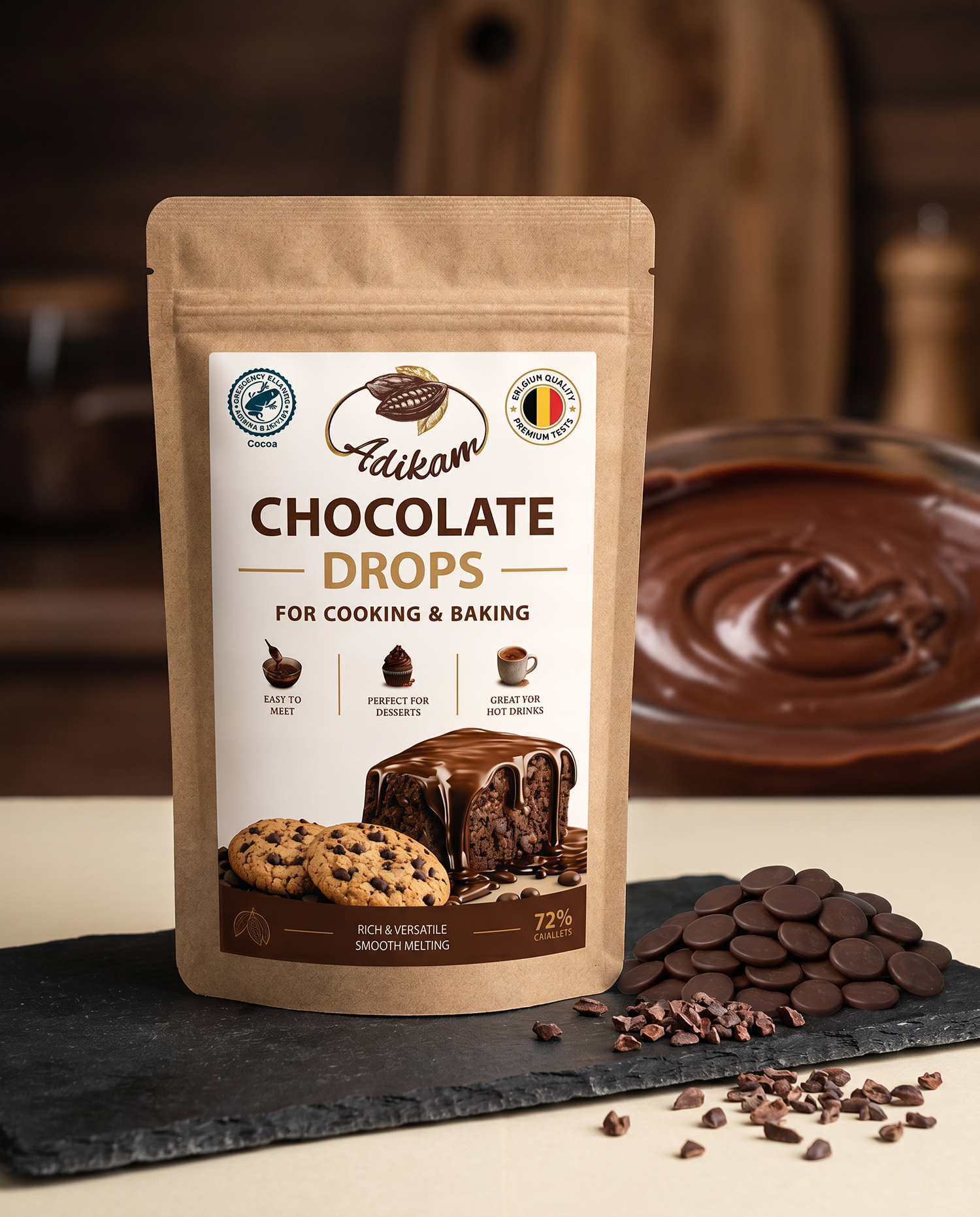 Czekolada gorzka ADIKAM 72% dropsy — opakowanie 500 g, scena premium